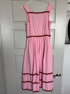 COMPANIA FANTASTICA Sleeveless Pink Maxi Dress with Red Scalloped Trim, S